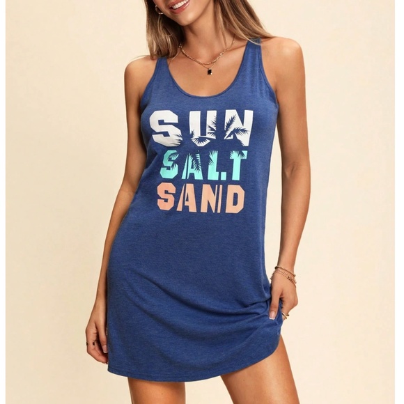 Blue Tank Mini Dress Tropical Graphic Letter Print - Picture 1 of 13